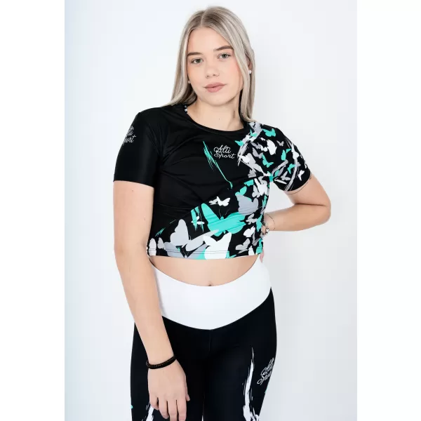  Dámský funkční crop top premium ALTISPORT VOJ/ALW022TR07 ČERNÁ/TYRKYSOVÁ 