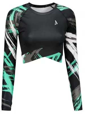 Dámský funkční crop top s dlouhým rukávem premium ALTISPORT VOJ/ALW039TR04 ČERNÁ/TYRKYSOVÁ
